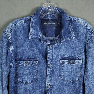 Calvin Klein Jeans Shirt Mens Large Blue Chambray Acid Wash Denim Preppy Boho